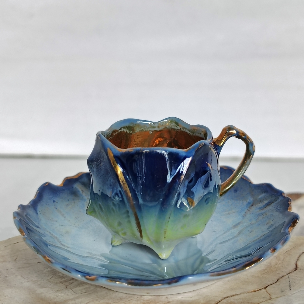 Miniature Ruffle Edge Tea Cup Saucer Blue Seaweed Yellow Gold Gilded Blowfish